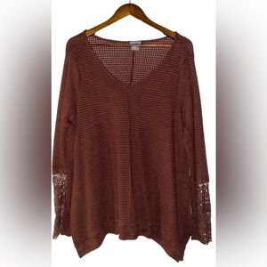 Venus Hanky Hem Crochet Open Waffle Knit Sweater Women XL Lace Cuff Boho‎